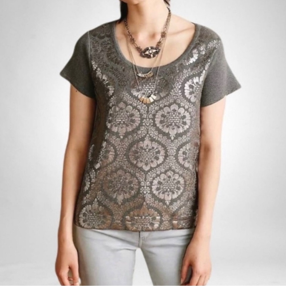 Moth by Anthropologie Grey Cotton Sweater with Silver Appliqué Baroque Design, S
